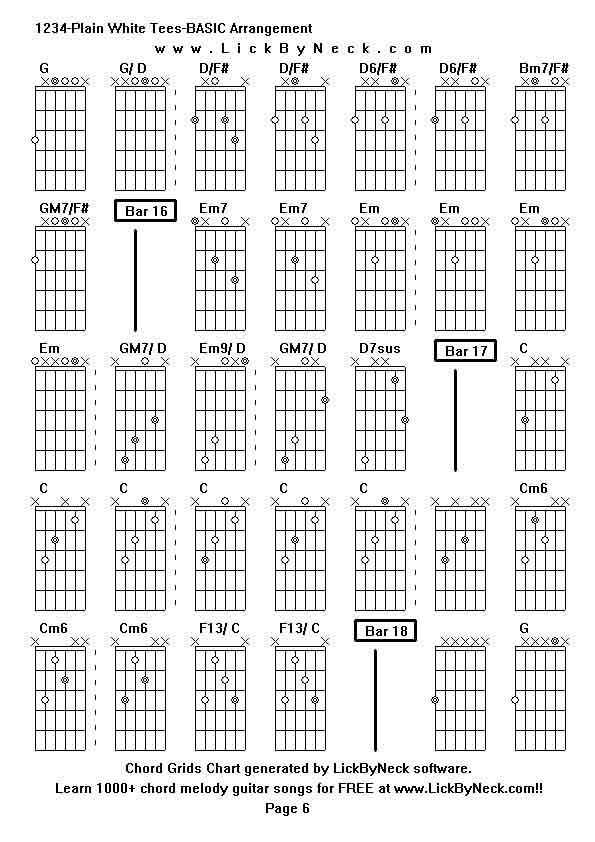 Chord Grids Chart of chord melody fingerstyle guitar song-1234-Plain White Tees-BASIC Arrangement,generated by LickByNeck software.